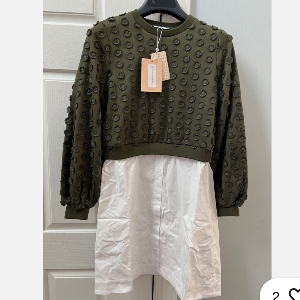 NWT•Pearl by Lela Rose•Olive Green and White Embroidered Jersey Poplin Dress